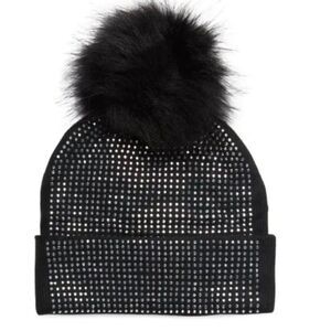 NWT Adrienne Landau Women’s Y2K Black Rhinestone Pom Beanie | Luxe Winter Glam